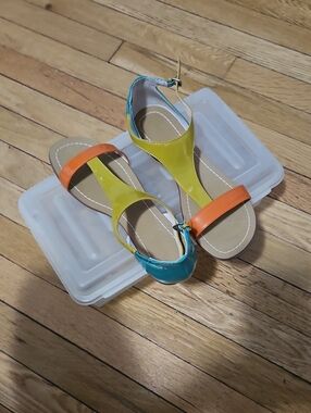 Colorblock T-Strap Sandals in Teal, Yellow & Orange